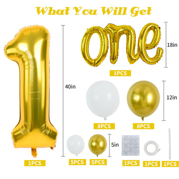 Toniful 27 Pcs 1St Birthday Balloons Set,40 Inch Gold Number 1 Balloon Gold One Letter Foil Balloon White Metallic Gold Balloons