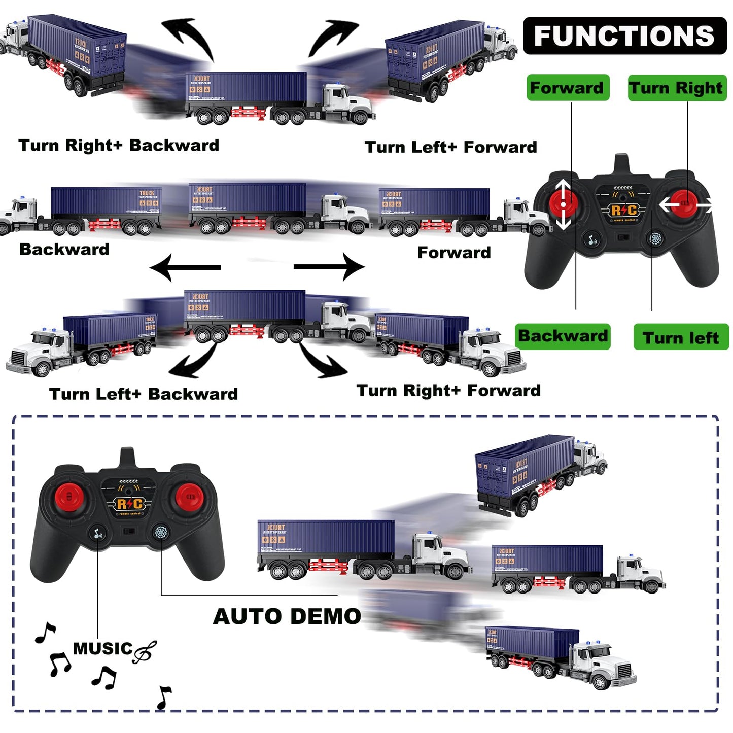 CALEST Remote Control Semi Truck with Trailer -24 Inch Semi Truck Toy for Kids,1:24 Container Truck with LED Lights & Music, Gre