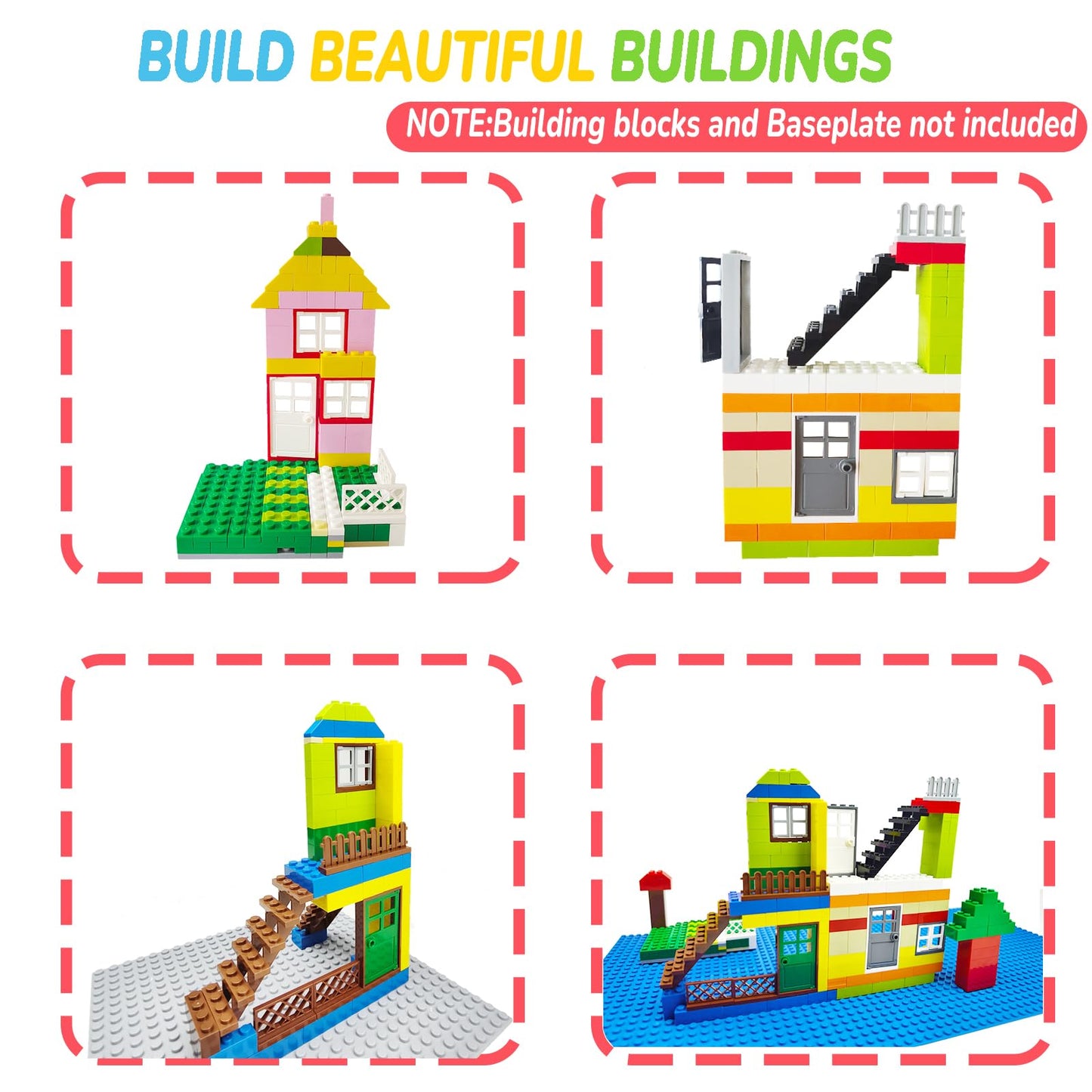 Cabeeskii 176-Piece Building Blocks Set for Windows & Doors, City Garden Bricks, Compatible with Major Brands, Includes Stairs & Fences