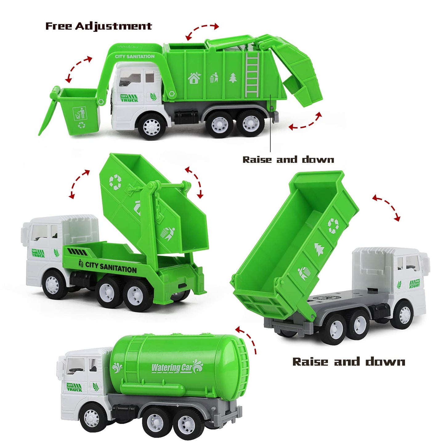 FIVEDAOGANG Small Garbage Truck Toy, 4 pcs Friction Powered Trash Truck Toys with Kids Playmat Car Rug, 8 pcs Roadblock Signpost