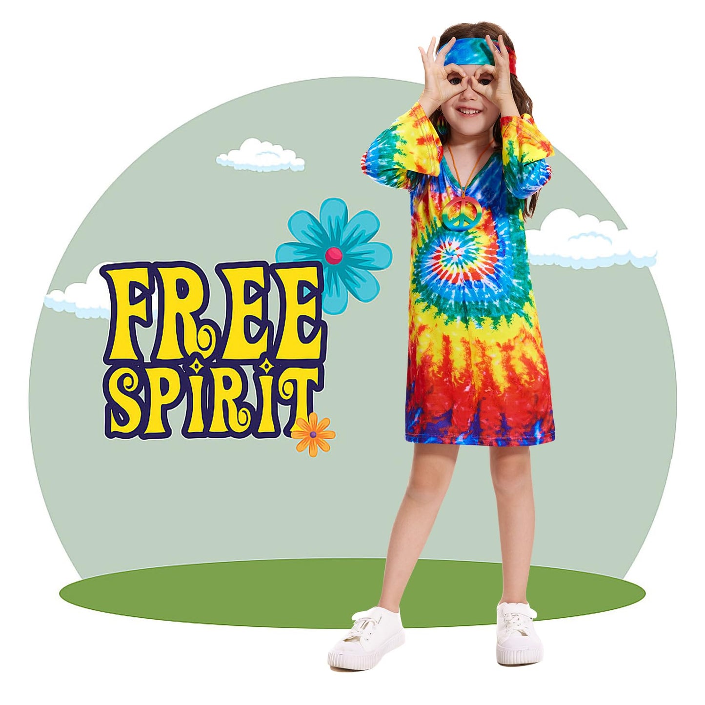 Mryuwb 70S Hippie Dress For Girls, 1970S Outfits Peace Sign Necklace Headband, 60S Themed Party Costumes For Kids 5-14 Years (Ti