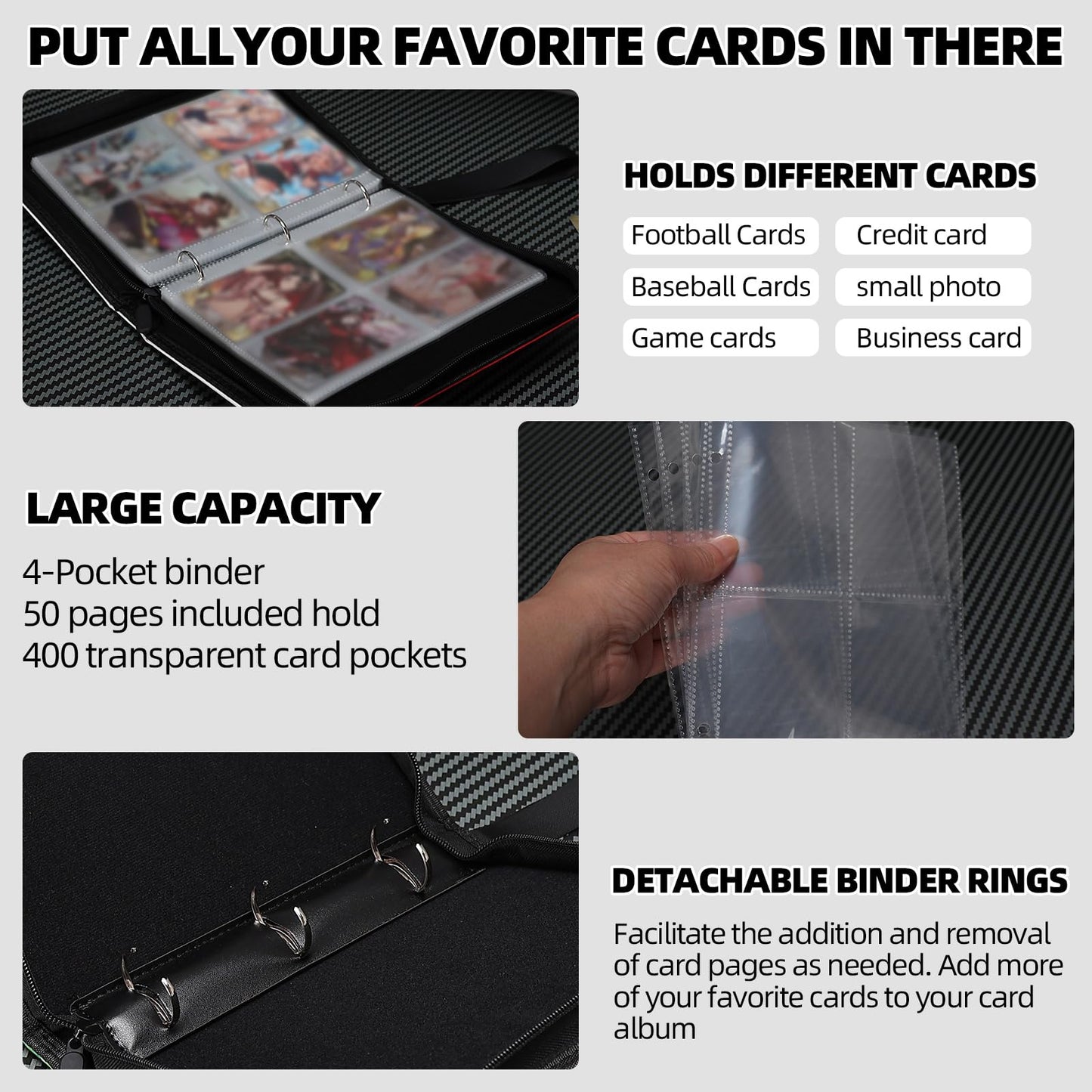 FootJKYX Collectible Trading Card Albums 4 Pocket Card Binder  400 Double Sided Pocket PU enhanced Zip Trading Collection Binderwith 50 Removable Sleeves  Card Folder forTCG  Sports Cards (Black)