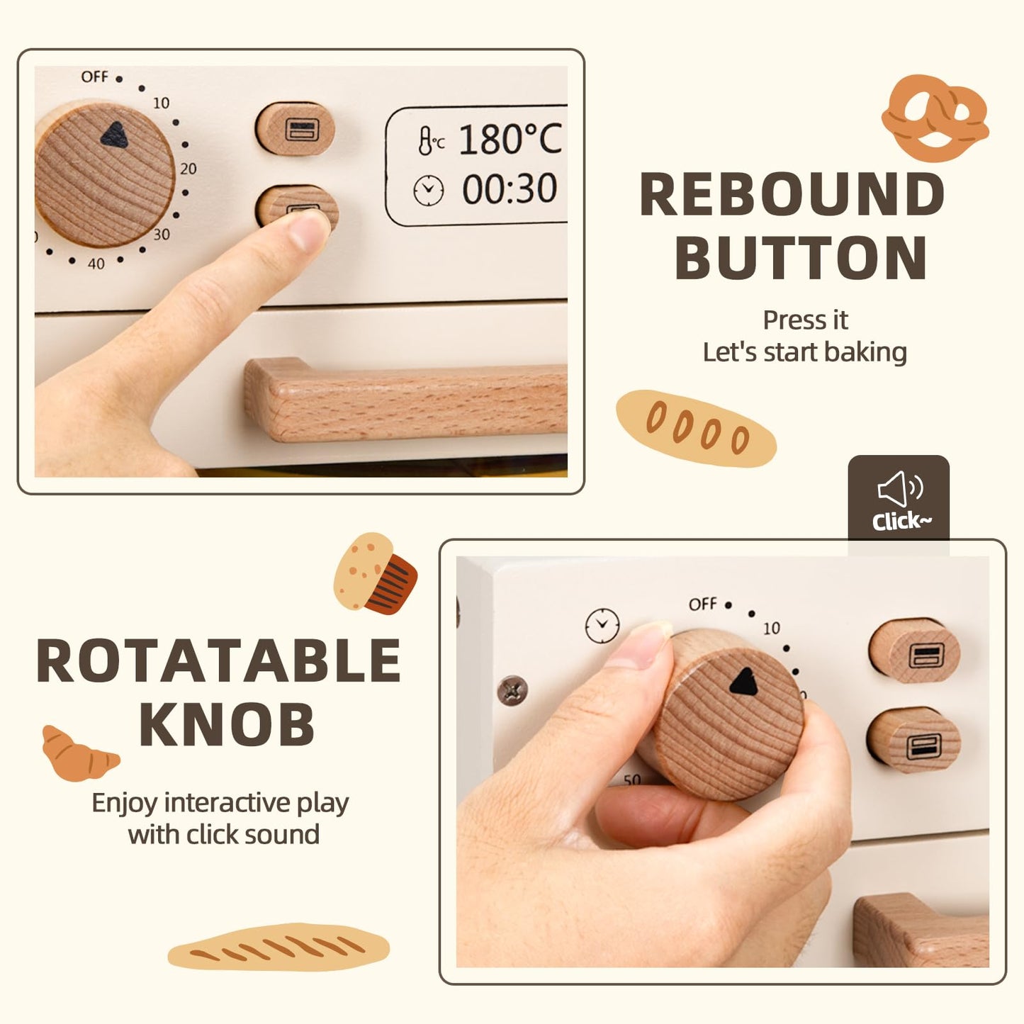 Oook Wooden Kids Oven, Pretend Play Oven For Toddlers With Diy Stickers, Kitchen Play Set Accessories With Push-Pull Baking Tray