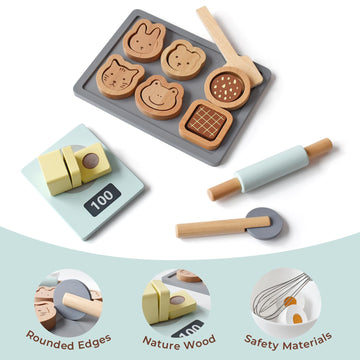 PairPear Wooden Toy Cookies and Baking Set,Kids 28 Pieces Play Food Toy Kitchen Playset,Pretend Play Kitchen Accessories Gift fo