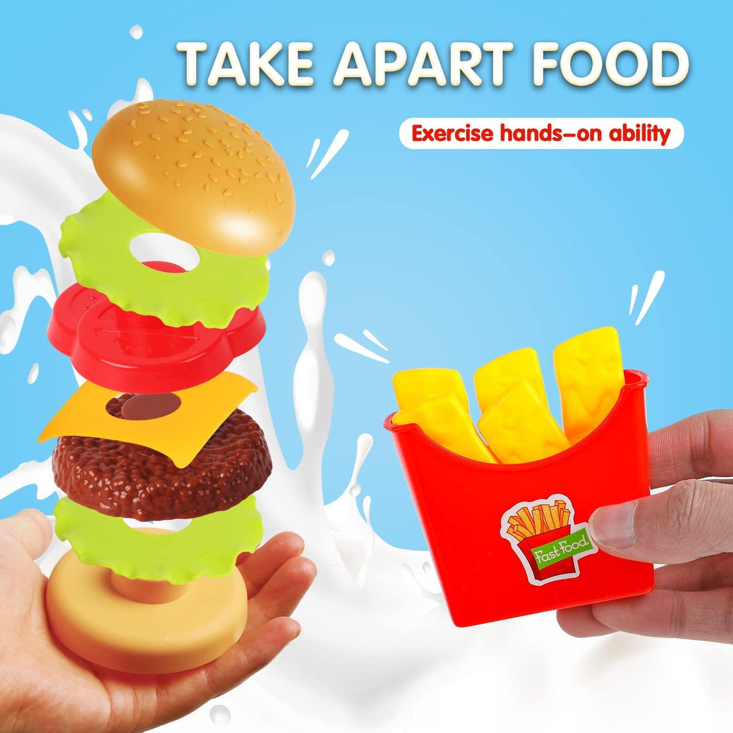 FINGOOO Pretend Play Food Set, Hamburger Fries Pizza Popcorn Toys Role Play Take Apart Educational Gift for Kids Boys Girls