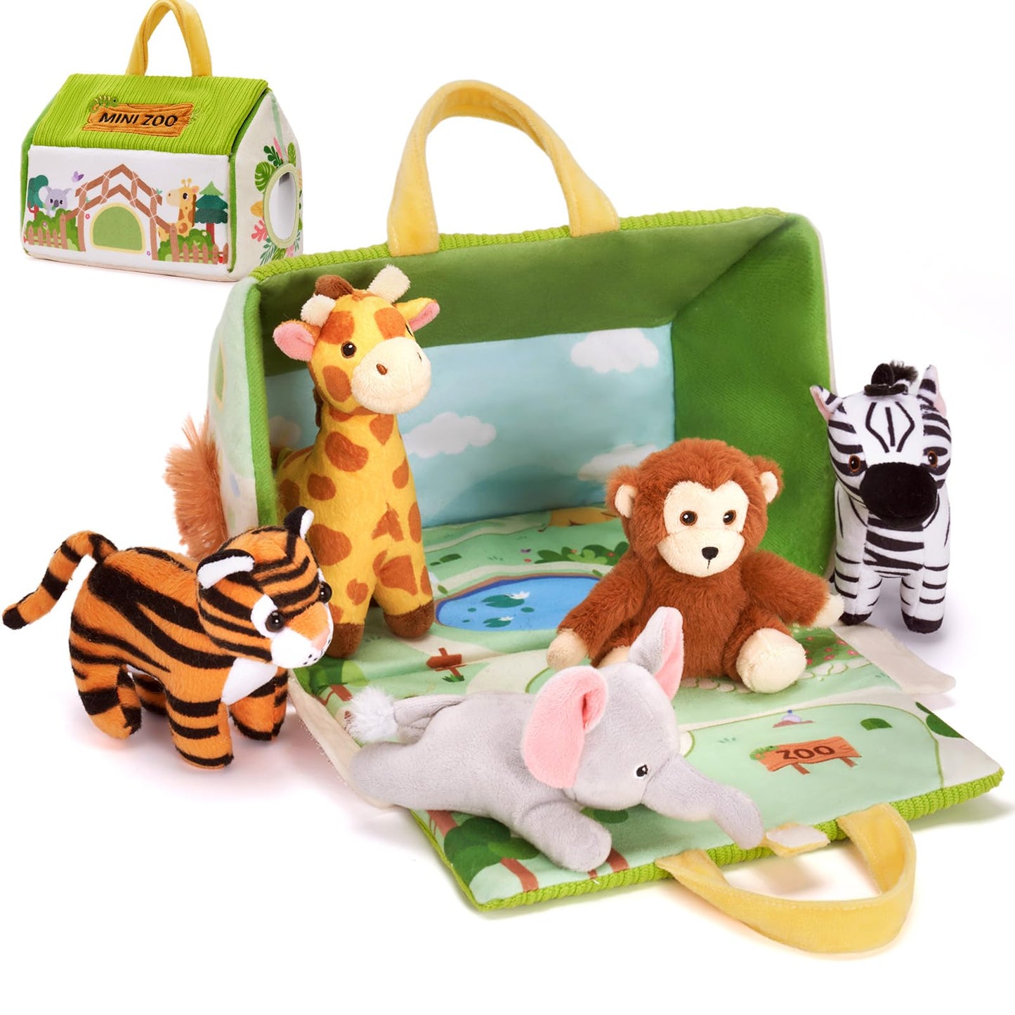 OUOZZZ Mini Zoo Stuffed Animals Set - Interactive Plush Toys, Safe & Washable, 9.8", Includes Tiger, Giraffe, Elephant, Zebra & Monkey