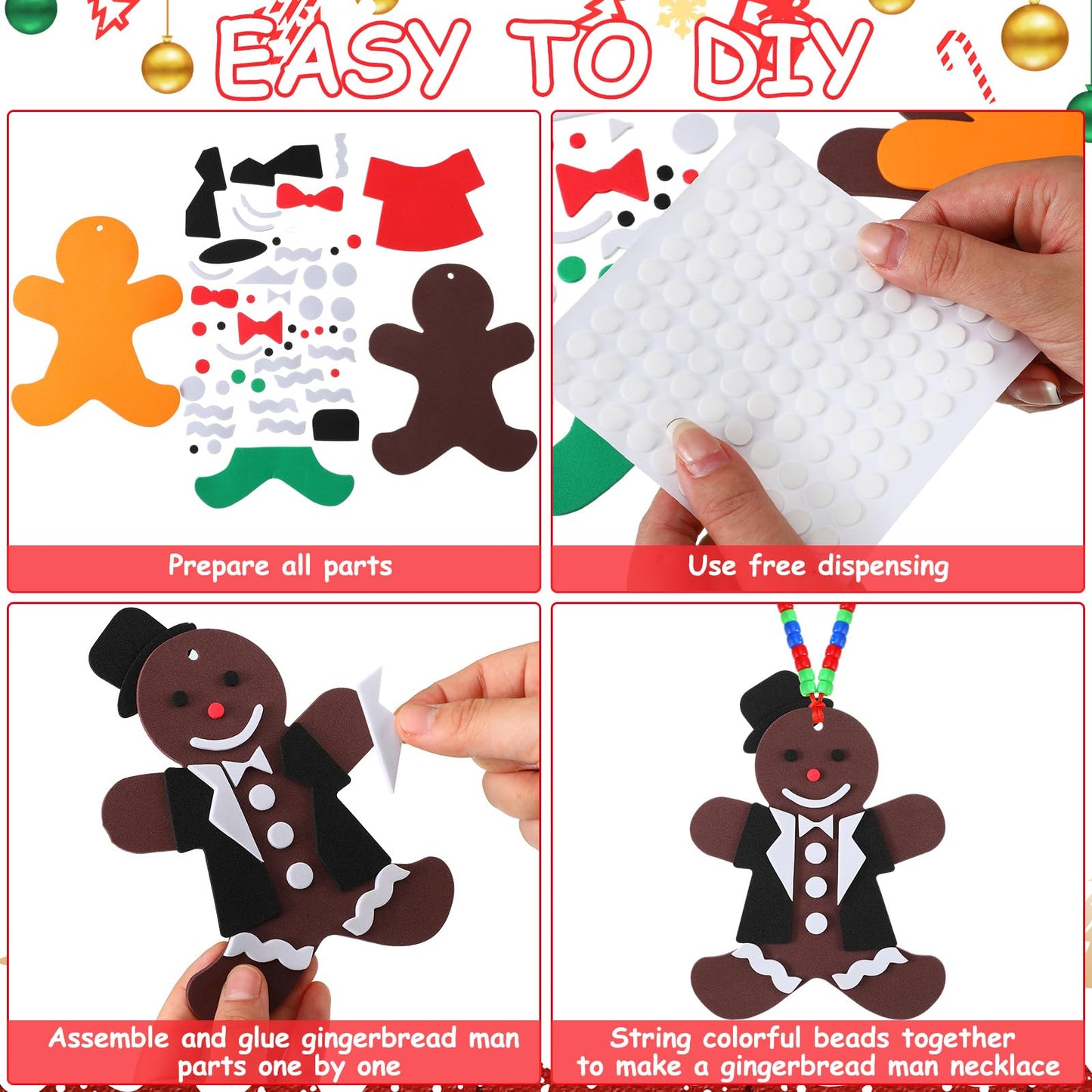Yuxung 24 Sets Christmas Craft Kits for Kids DIY Gingerbread Man Necklace Crafts Kit Xmas Foam Crafts for Kids Christmas Holiday