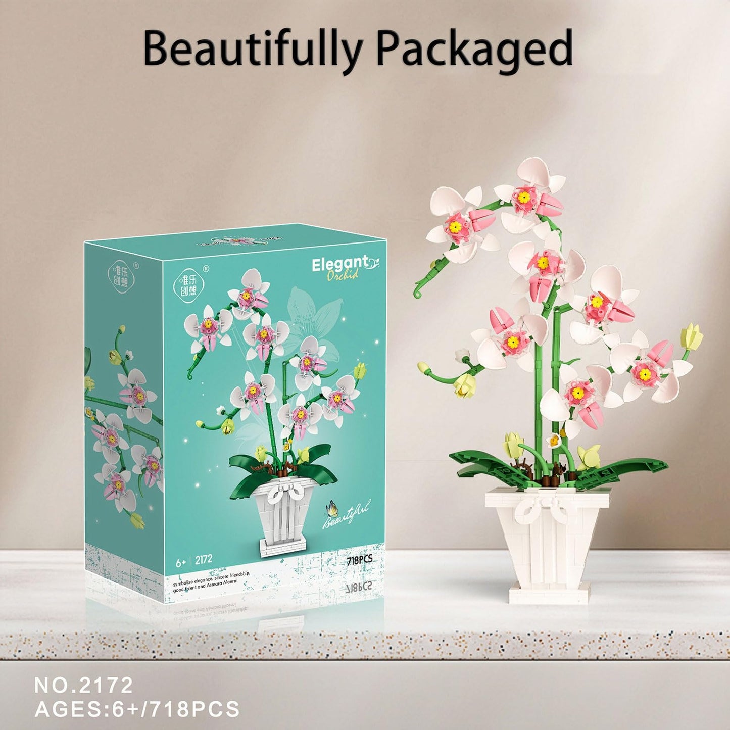 RECROQUO Orchid Flower Bouquet Set - 718 PCS Artificial Orchids with Vase, Pink, Green & White - Perfect for Mother's Day & Birthdays