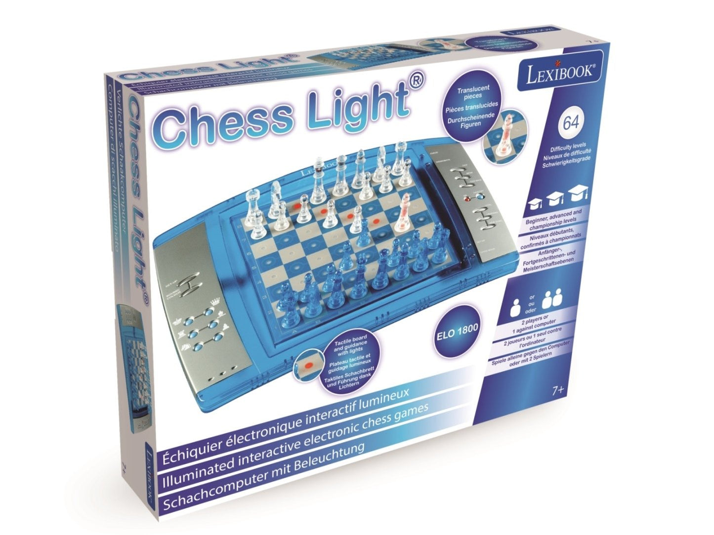 Lexibook Chesslight®, Electronic Chess Game With Touch-Sensitive Keyboard And Light And Sound Effects, 32 Pieces, 64 Levels Of Difficulty, Battery Or Plug, Blue/Grey, Lcg3000