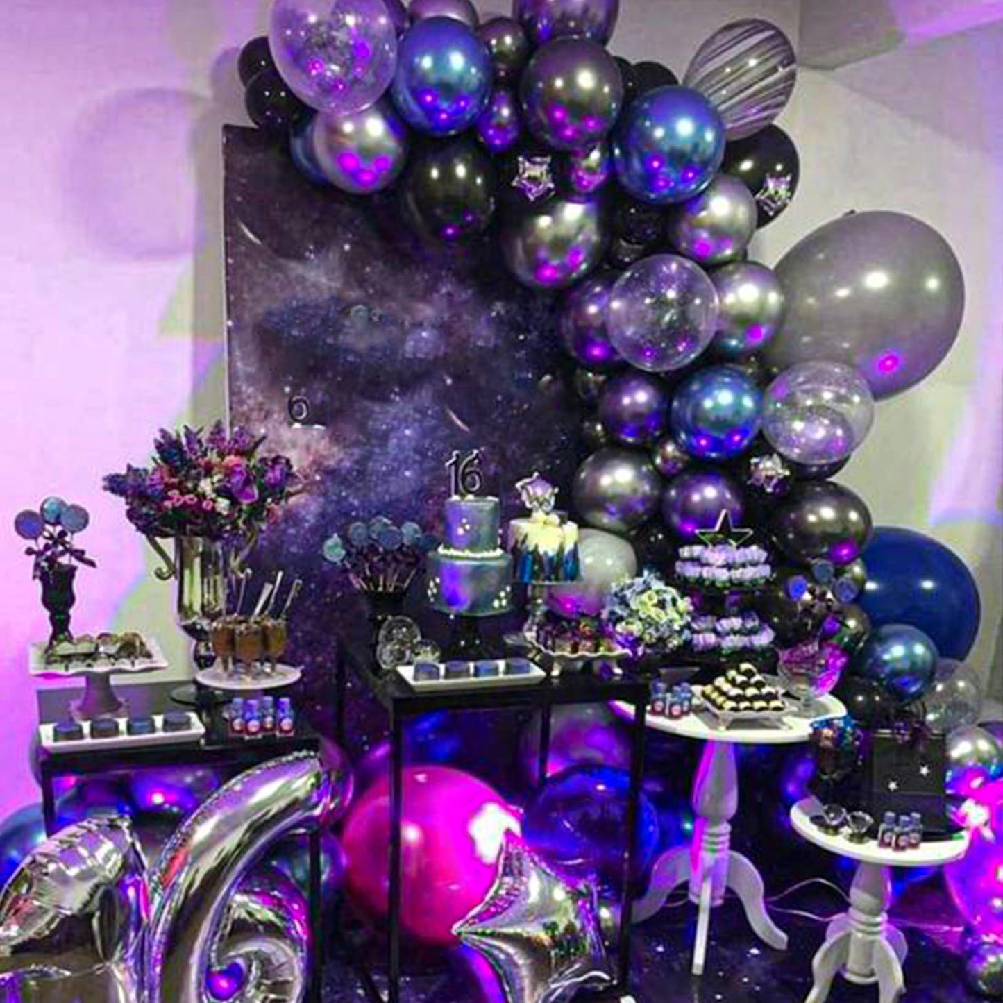 Outer Space Balloons, 55Pcs Galaxy Blue Balloons Metallic Black Purple Silver Balloons Blue And Purple Latex Balloons Pearl Blue