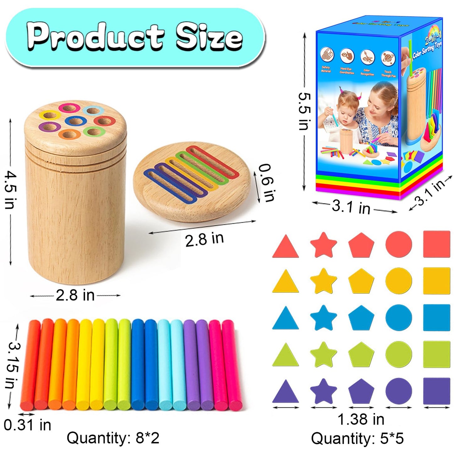 Learning Color Sorting Toys For Toddlers,Wooden Montessori Toys For 1 2 3 Year Old,Color & Shape Sorting Sensory Matching Games,Fine Motor Skills Sensory Toys For 1+ Year Old Baby Boys Girls Gifts