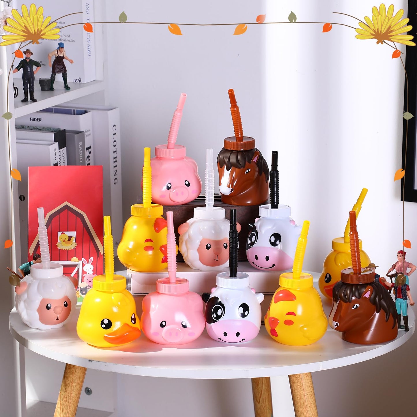 Roshtia 24 Sets Farm Animal Cups with Straws and Lids 11 oz Plastic Animal Themed Cups Cute Pig Sheep Chicken Duck Horse Cow Str