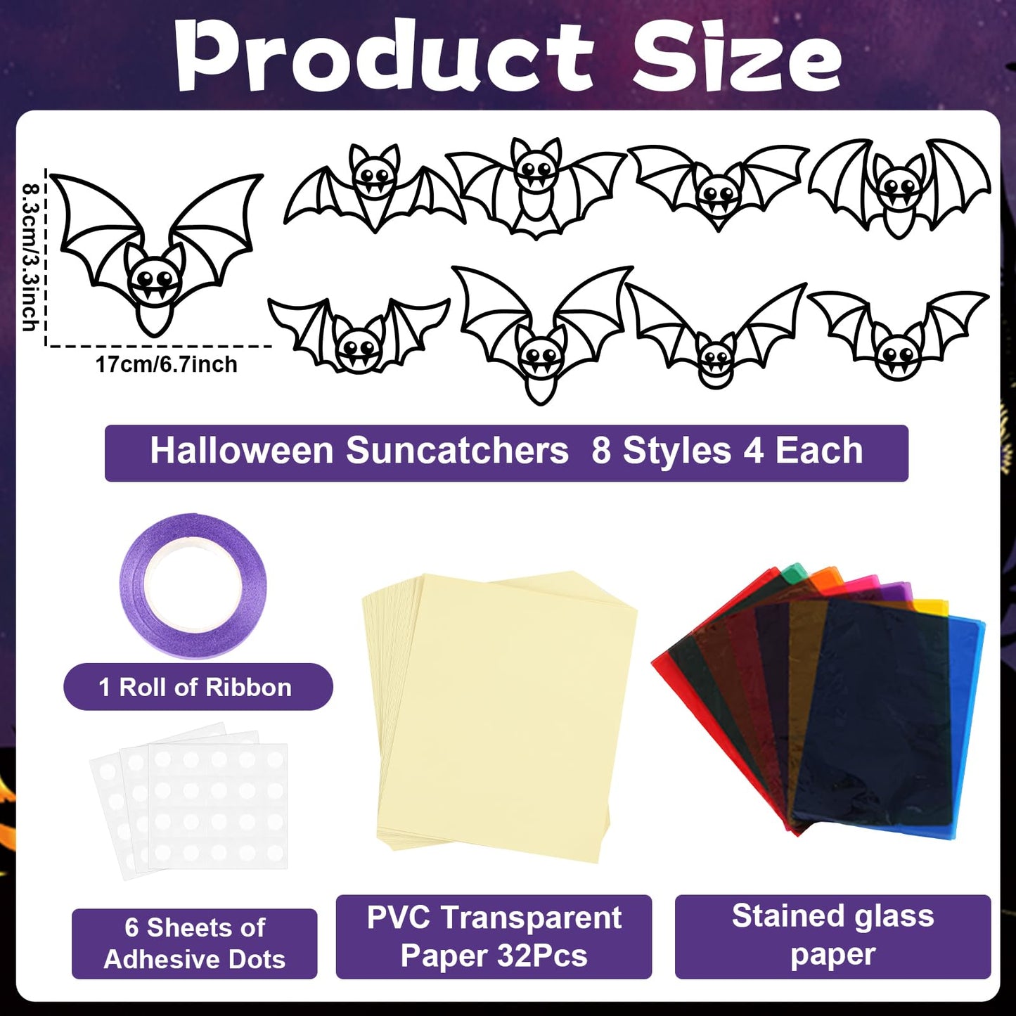 QOUBAI 32 Sets Halloween Bats Suncatchers Craft Kit DIY Window Stained Glass Effect Halloween Bats Paper Crafts Home School Clas