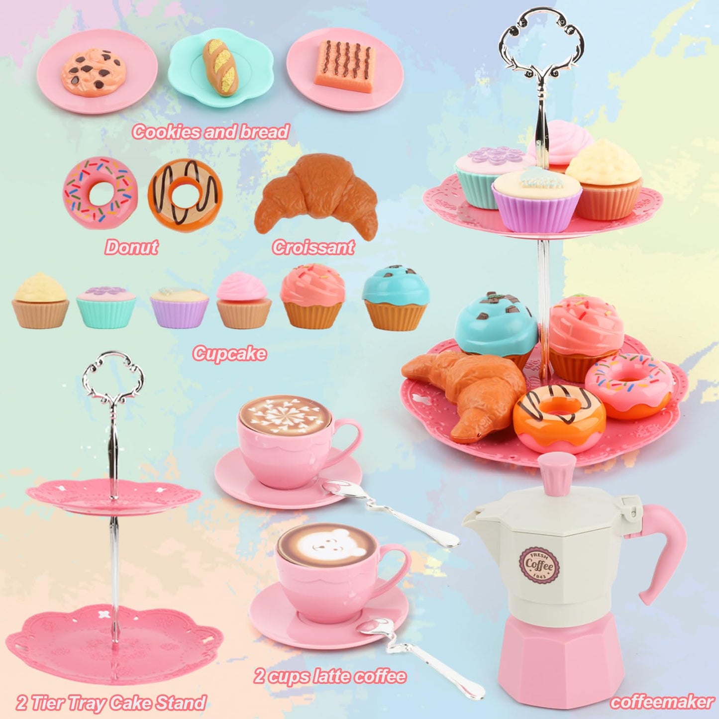 Viwulute Afternoon Tea Toys Set Pretend Play Food Toys for Toddler Girls, Party Tea Playset Toy Gifts for 3 4 5 6 Year Old Girl