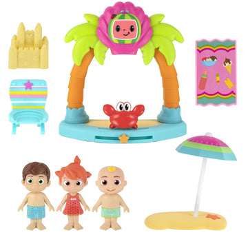 Cocomelon Family Beach Time Fun Playset - Features Jj, Tomtom & Yoyo With Sandcastle, Umbrella, Beach Chair, Towel, Beach Playset
