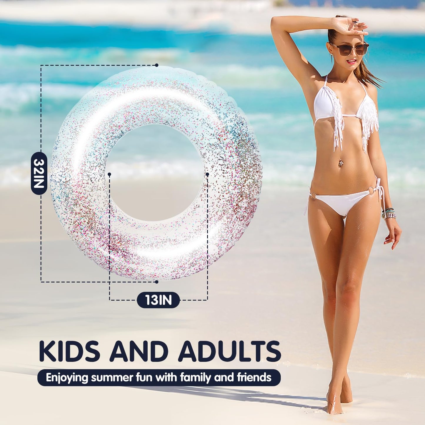 Polita Pool Float, Pool Floats Kids Summer Glitter Pool Tube With Confetti,Tube Pool Toys Beach Party, Transparent Inflatable Fl