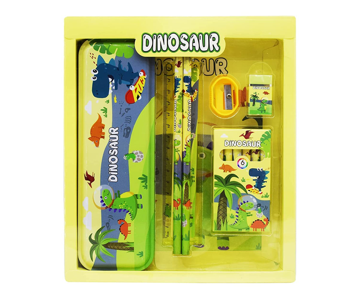 WingsCreations Kids Girls All in One Jungle Dinosaur Theme Stationery Set with 1 Pencil Box Case 2 Pencils 6 Crayon Colours1 Rul