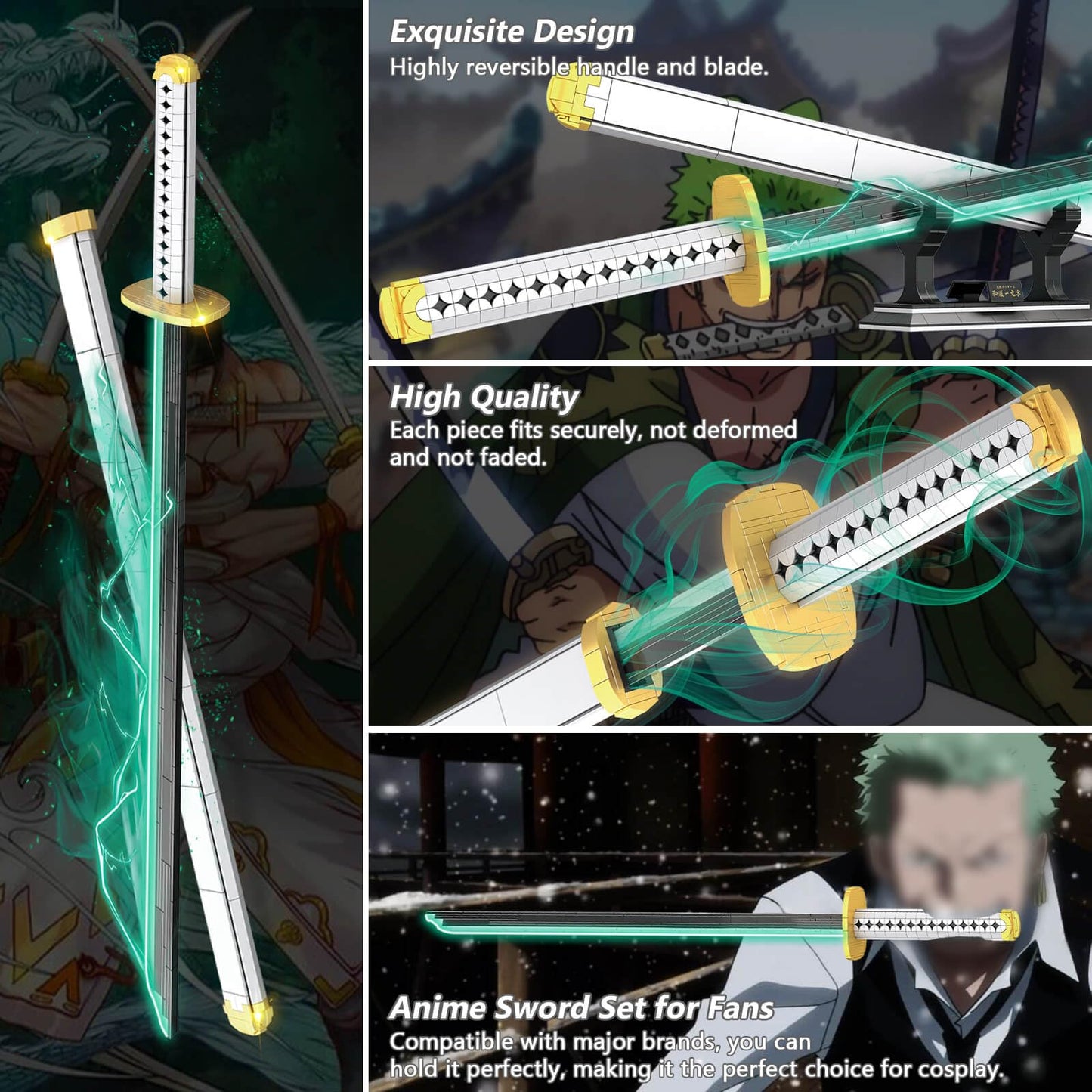 HIGH GODO Anime Cosplay decorative replica blades Building Set  806 Piece One White Ichimonji Yamato decorative replica blade  39IN Roronoa Zoro Katana with Scabbard and Bracket for mature-themeds and Kid 8+ (Luminous)