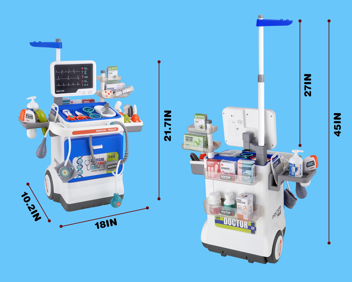 Doctor Kit for Toddlers - Deluxe Pretend Play Medical Cart Toy Set with Stethoscope ,Thermometer,Doctor Costume & Carry Bag - Ed