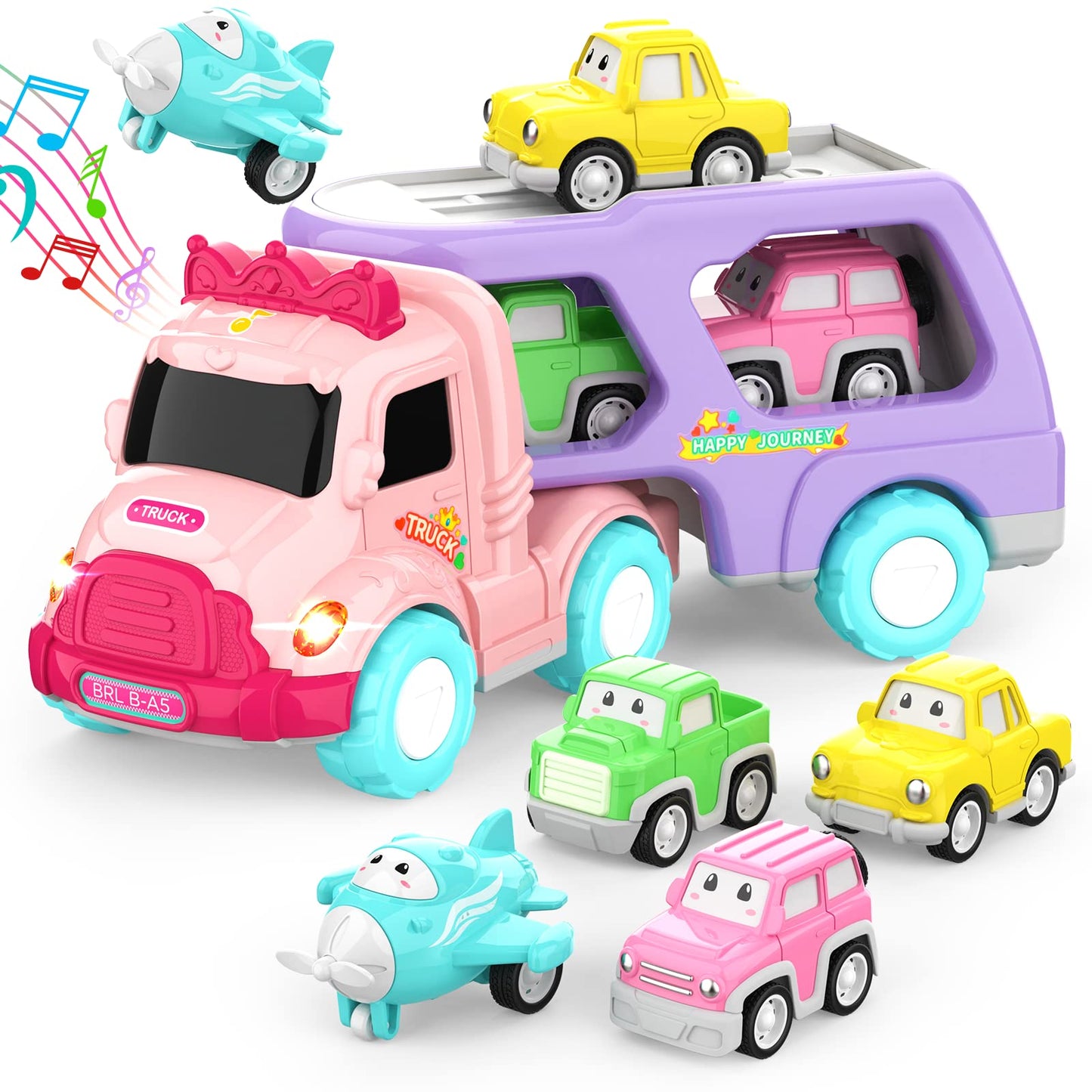 LASCOTON 5-in-1 Carrier Truck for Toddler Girl, Friction Power Toy Cars, Light & Sound, Pink, Ideal for Ages 1-3, Great Birthday Gift