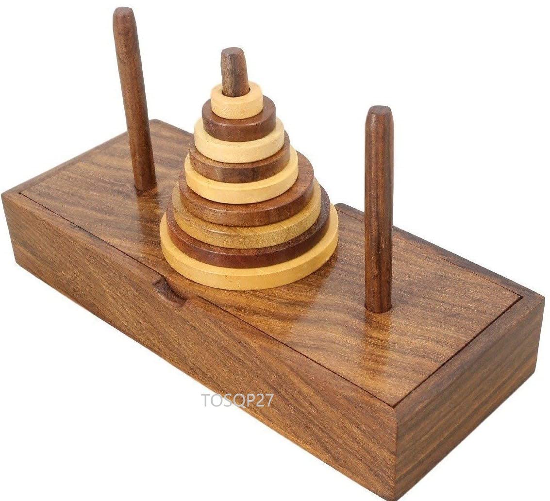 TOSQP27 Tower of Hanoi Wooden Puzzle - 9 Rings Logic Game, Premium Rosewood, Model MN-Tower-Puzzle-Hanoi