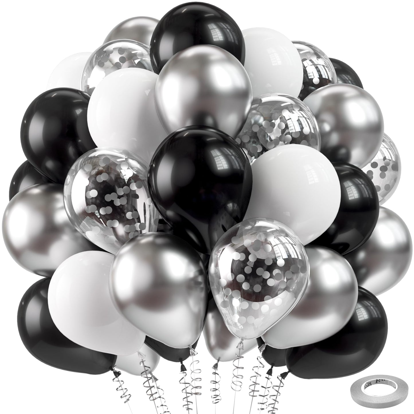 Bezente 12" Black Silver Confetti Latex Balloons, 60pcs Rubber for Birthday, Baby Shower, Wedding, Silver Theme Party Decor