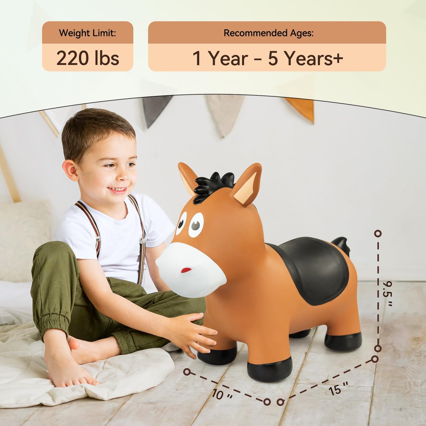 VangeBow Bouncy Horse - Inflatable Jumping Animal Hopper for Kids 3+, Black Saddle, PVC Material, Pump Included, Perfect Birthday Gift