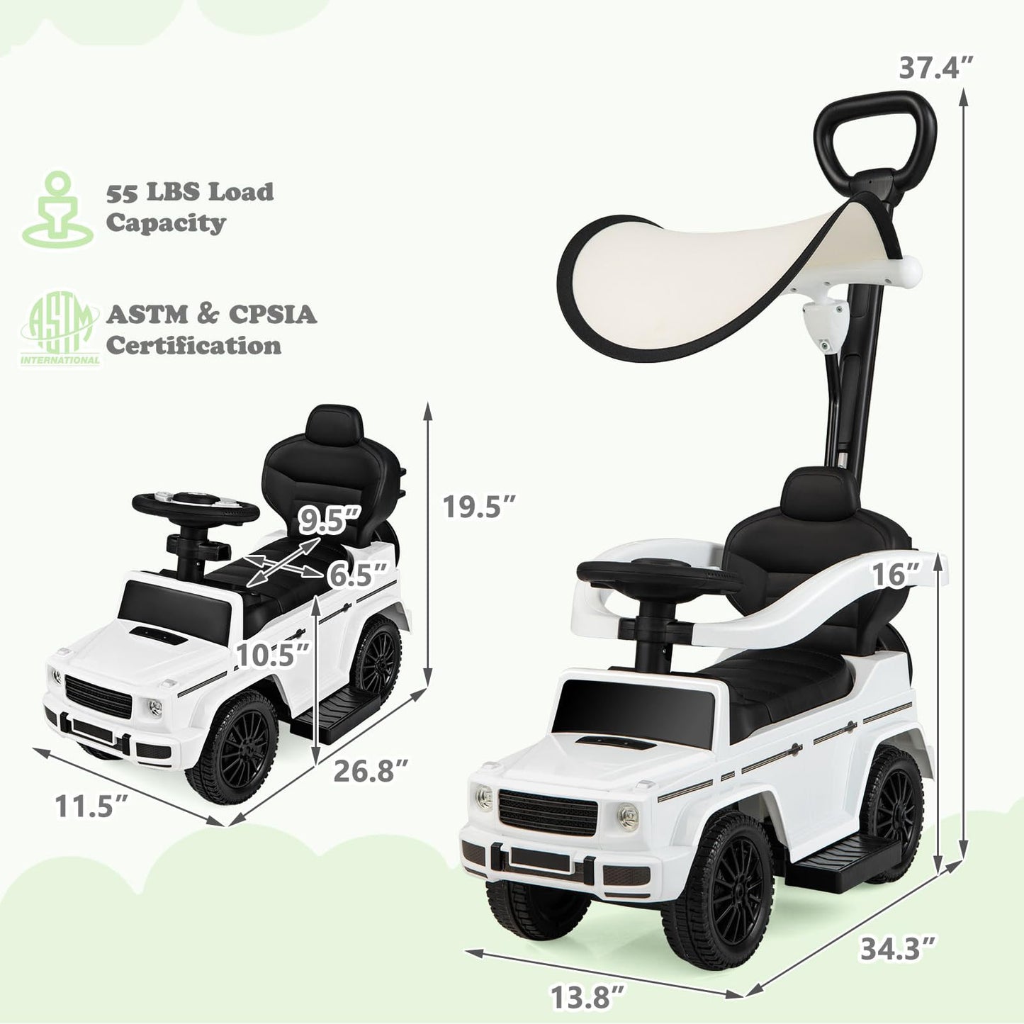 Nightcore Push Car, Ride On Car With Removable Canopy, Backrest, Anti-Tipping Design, Retractable Footrest, Engine Sound, Safe G
