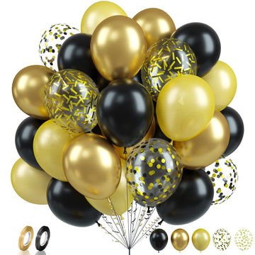 Biapian Black And Gold Balloons, 60Pcs Black Gold Birthday Balloons, 12 Inch Metallic Gold Confetti Balloons Pearl Gold Black La