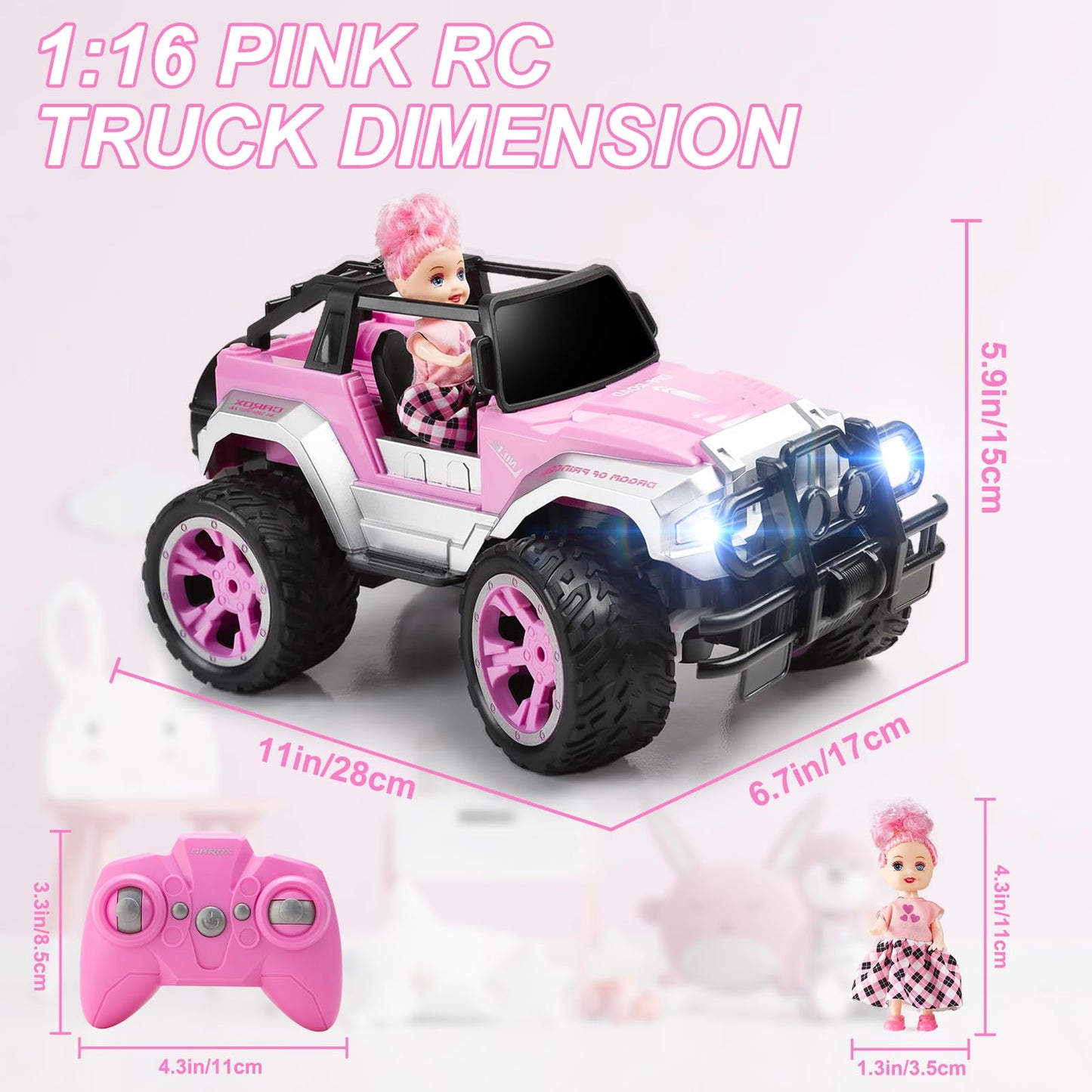Carox Remote Control Car for Girls, 160 mins Pink RC Car with Doll and Sticker, 1:16 Scale RC Convertible Truck with Rechargeabl