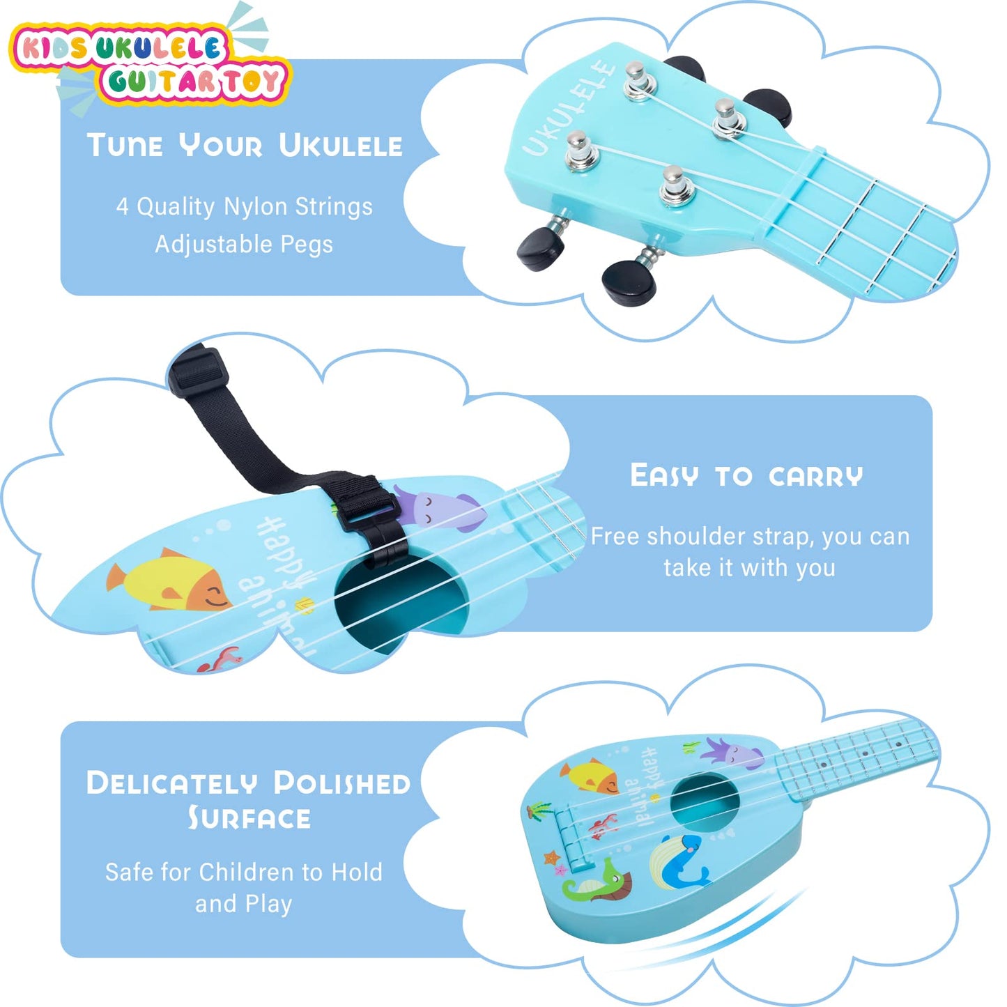 YOLOPLUS+ 17 Inch Kids Ukulele Guitar Toy - 4 Strings, Blue, ABS, Model ukulele-3, Educational Instrument for Toddlers