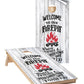 Cornhole Wraps #434 -Welcome To Our Firepit Cornhole Graphic Decals - Includes Application Squeegee - Set Of (2) 25'' X 49'' Wra