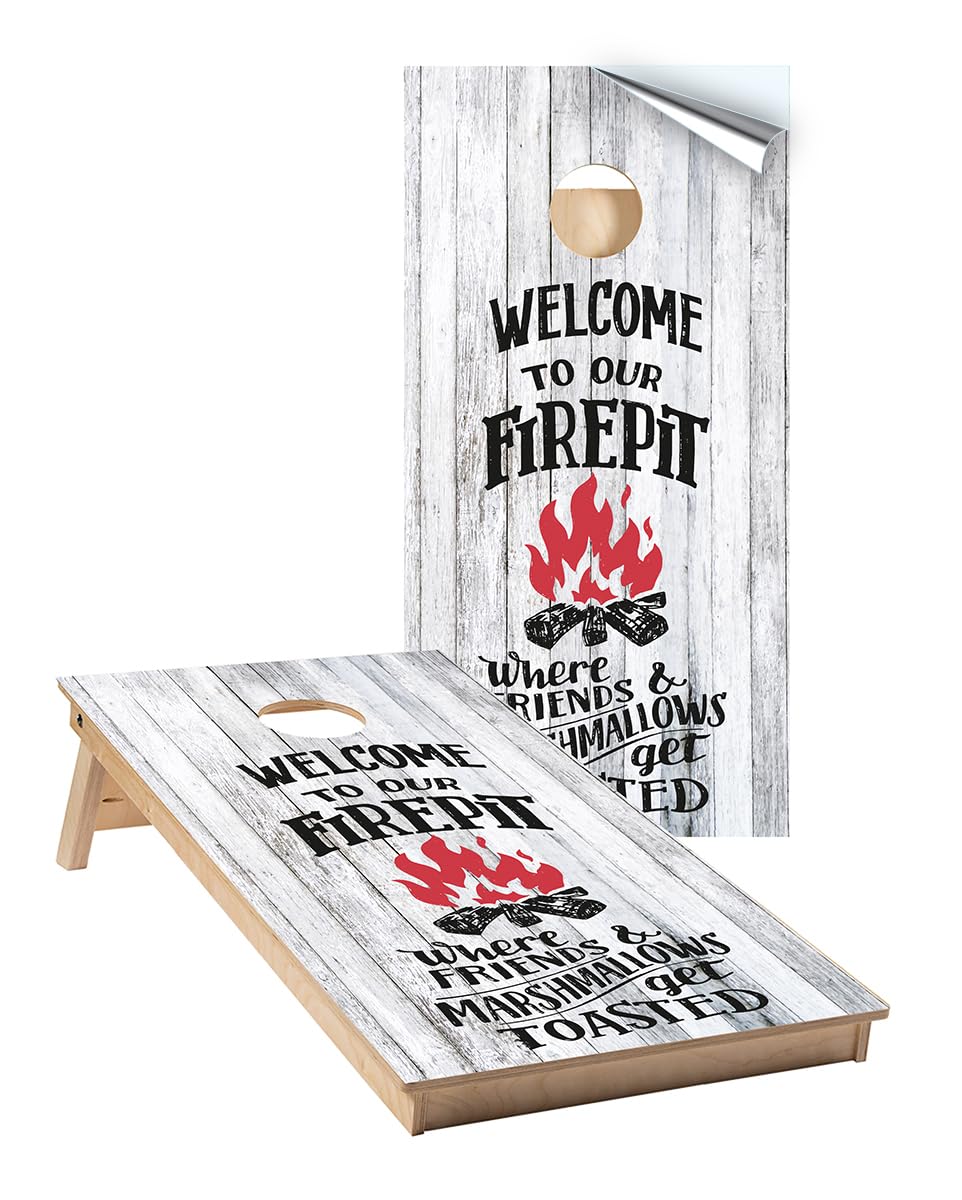 Cornhole Wraps #434 -Welcome To Our Firepit Cornhole Graphic Decals - Includes Application Squeegee - Set Of (2) 25'' X 49'' Wra