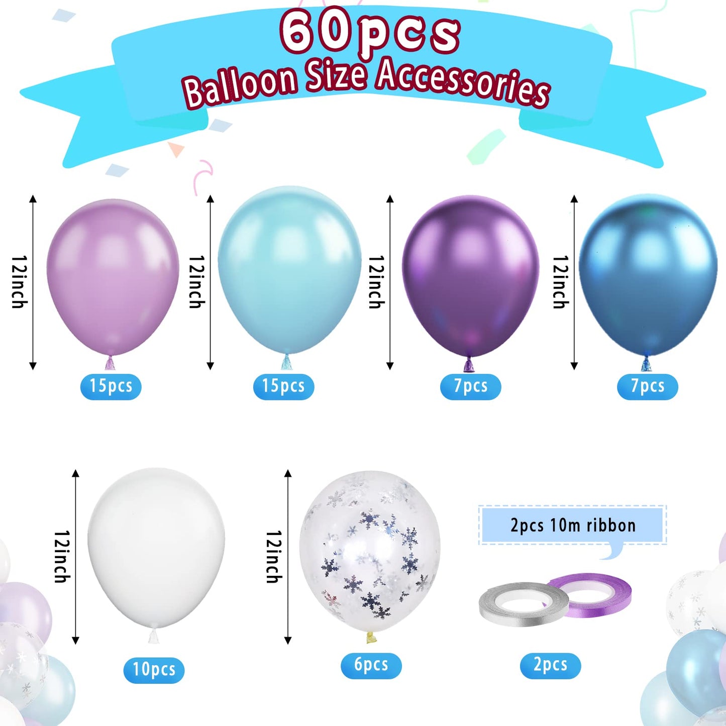 Paready Frozen Balloons, 60 Pcs 12 Inch Purple Blue Balloons White And Snow Confetti Latex Balloons For Girls Frozen Theme Party