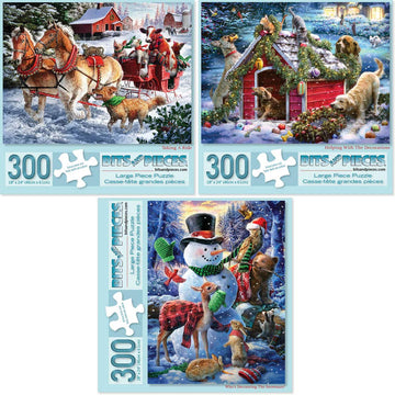 Bits And Pieces - Value Set Of Three (3) 300 Piece Jigsaw Puzzles For Adults - Each Puzzle Measures 18' X 24' - Winter Holiday Forest Animals Jigsaws By Artist Larry Jones