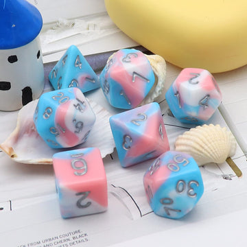 PJOY DND Dice Set 7PCS Blue Pink White D&D Polyhedral Dice with Velvet Dice Bag for Role Playing Dice Games as Dungeons and Drag