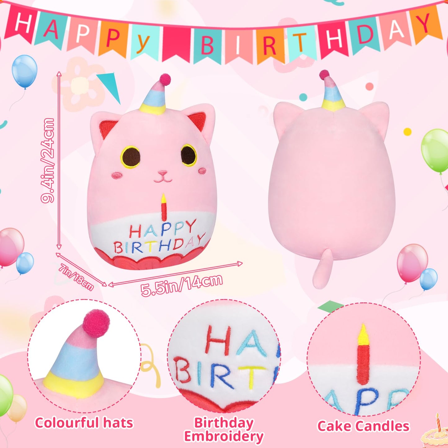 Kophinye Cat Plush,8In Pink Cat Birthday Stuffed Animal Gifts For Girlfriend, Kawaii Kitten Stuffed Animal Cute Plush Toy For Ki