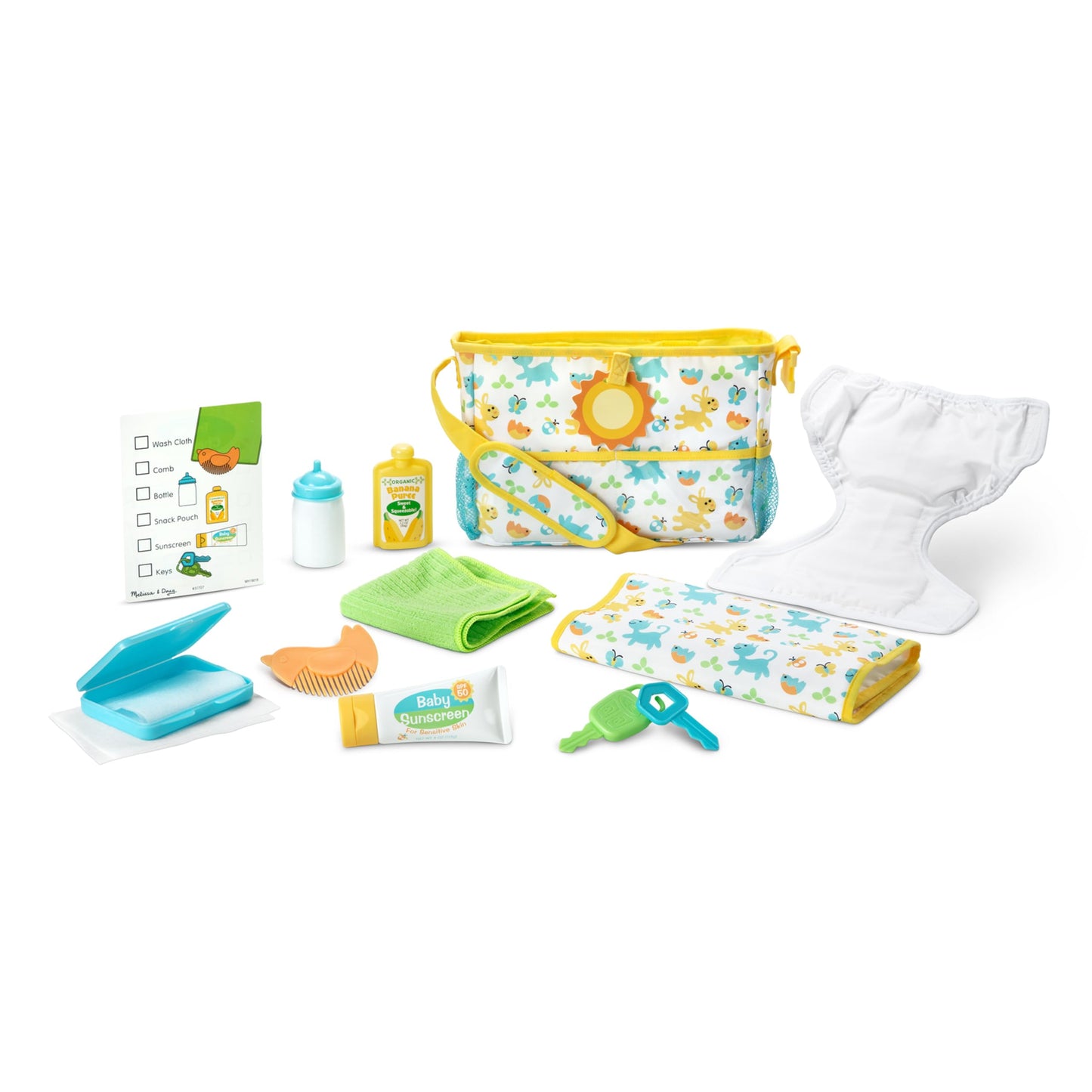 Melissa & Doug Mine To Love Travel Time Play Set For Dolls With Diaper Bag, Bottle, Sunscreen, More (17 Pcs) - Baby Doll Accesso