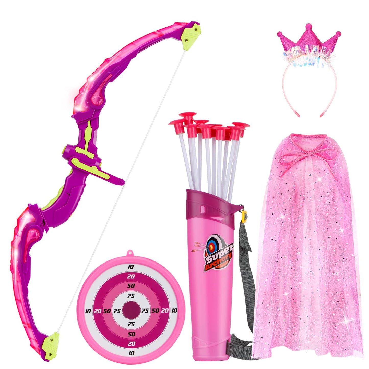 Bow And Arrow For Kids, Led Light Up Archery Set With Princess Cape And Crown, 10 Suction Cup Arrows, Target & Quivers, Outdoor Toy For Girls Aged 3-8, Birthday Gifts Toys For 4 5 6 7 8 Year Old