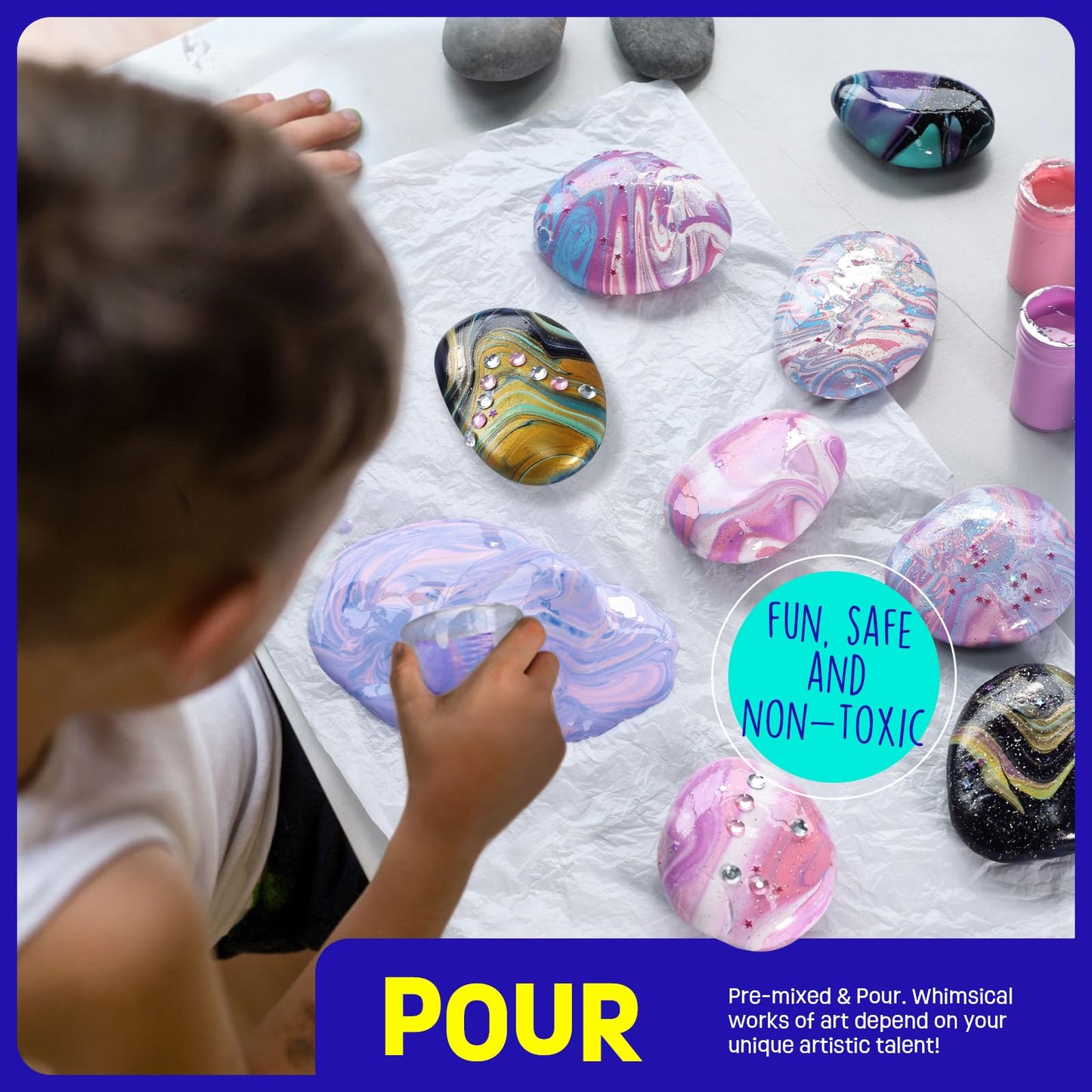 LAOESE 2 in 1 Rock Painting Art Kit - Glow in The Dark Pouring Rock Kit - Arts and Crafts for Kids Girls & Boys Ages 6-8, 8-12,