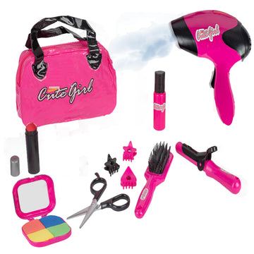 Big Mos Toys Kids Beauty Makeup and Hair Salon Set, Girls Pretend Play Toy with Cosmetic Bag, Hairdryer, Curling Iron, Blush Pal