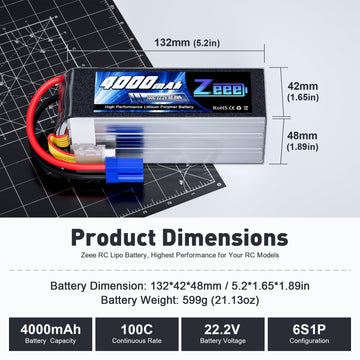Zeee 6S Lipo Battery 4000mAh 22.2V 100C with EC5 Connector Soft Pack Battery for RC Airplane Helicopter RC Car Truck Tank Drone