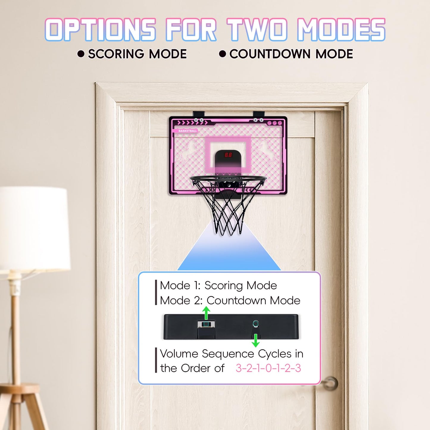 Indoor Basketball Hoop With Electronic Scoreboard And Led Light, Pink Over The Door Basketball Toy, For Kids Aged 4, 5, 6, 7, 8+