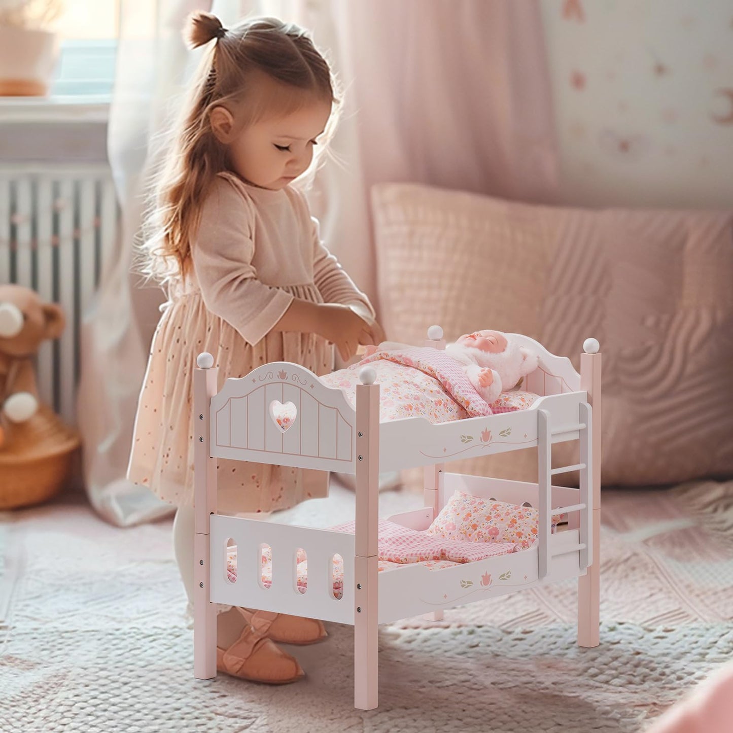 Robud Baby Doll Crib, Wooden Baby Doll Beds For 20 Inch Dolls, Baby Doll Bunk Beds With Tulle, American Girl Doll Bed For Gifts, Pink