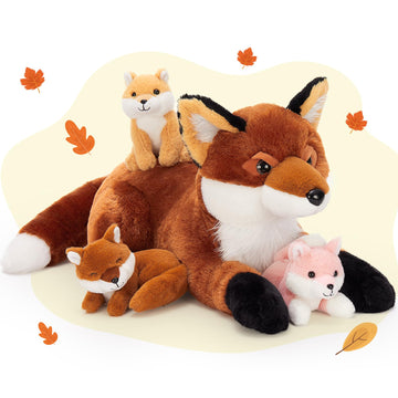 Beniny 4Pcs Fox Stuffed Animal Set, Large Mommy Red Fox Plush 22 Inch With 3 Baby Foxes In Her Zippered Tummy, Stuffed Fox Plush