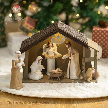 Storieme Nativity Stable with LED Lights: 15.6 x 11.02 Inch Christmas Wooden Manger Creche for 7 & 8 Inch Holy Family Figures - Farmhouse Religious Xmas Decorations (Stable Only)
