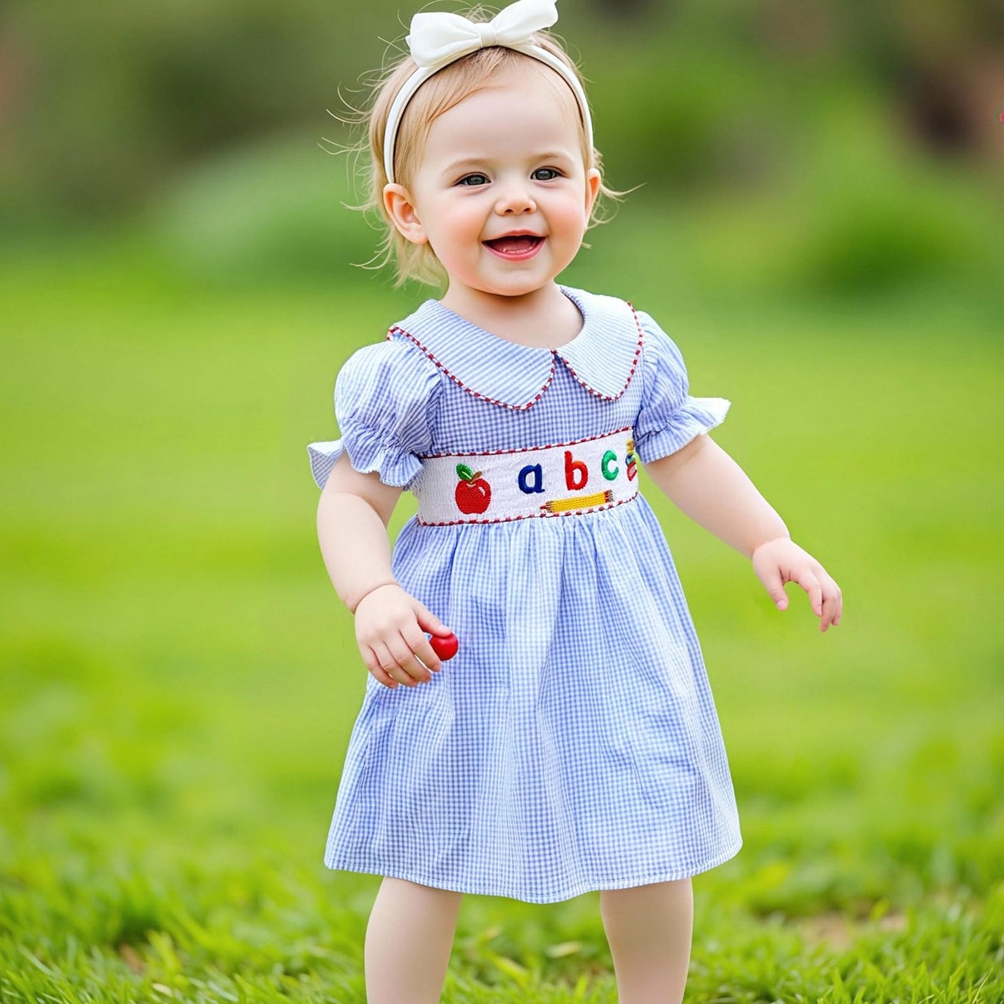 Toddler Girl Back To School Clothes Embroidery Smocked Dress Doll Collar Sundress First Day Of Pre Kindergarten Outfit (Abc Appl