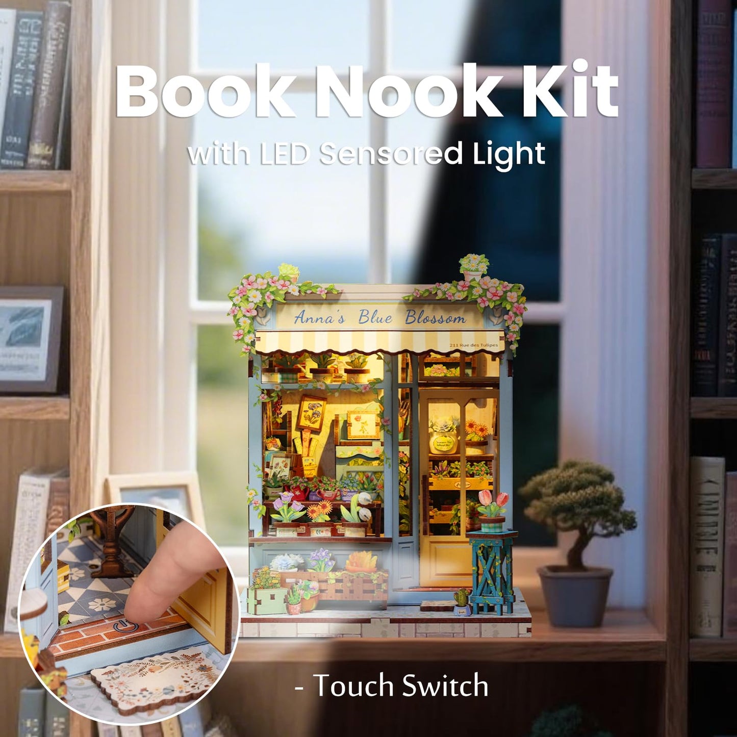 Fsolis Book Nook Kit - DIY Scene Miniature Dollhouse Kit for mature-themeds  Bookshelf 3D Puzzles 255PCS  Tiny House Mini Flower Shop Model Booknook Craft  Gifts for Women Puzzle Lovers (Anna 's Blue Blossom)