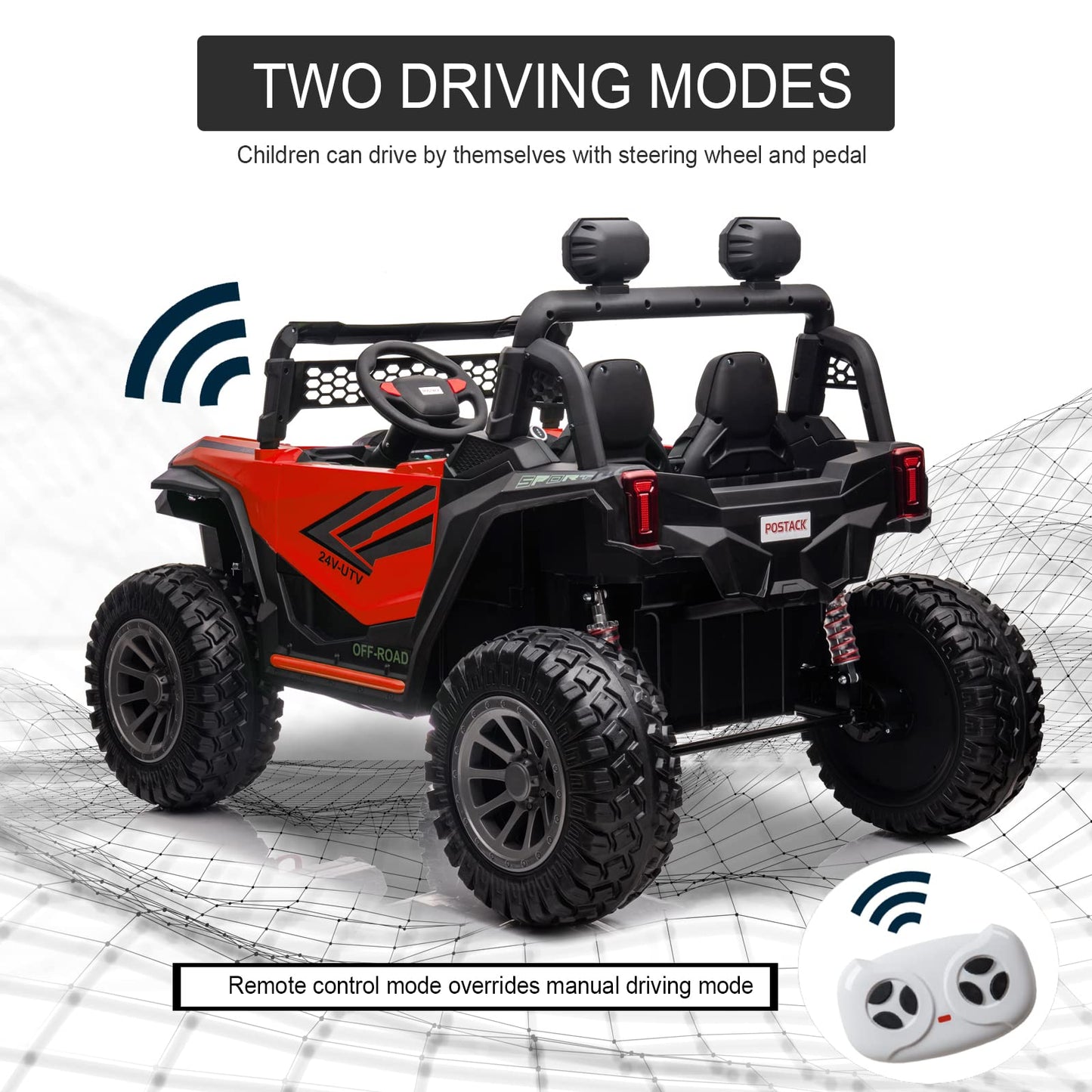 Postack 24V 2-Seater For Kids Ride On Truck, 4Wd Electric Vehicle Battery Powered Ride On Truck With Remote Control, Kids Utv Fo