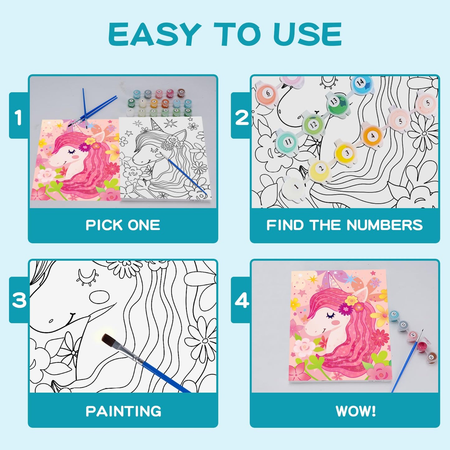 3 Pack Paint by Numbers Kit for Kids, 10*8Color by Numbers for Kids Framed Canvas with 17 Acrylic Paint Pots and 6 Brushes, Pain
